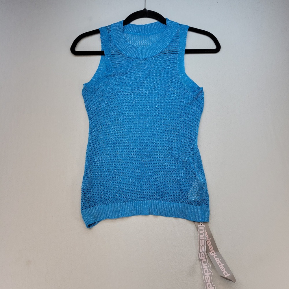 Missguided Mesh Top Womens L Blue Festival Metallic Open Knit Sleeveless Tank